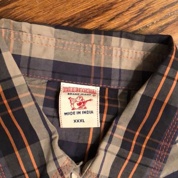 TRUE RELIGION Long Sleeve Navy Tan Orange Plaid Western Button Down Shirt 3XL - Picture 8 of 10